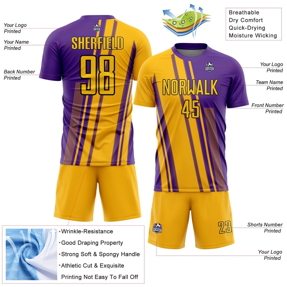 Gold Sublimation Custom Jersey Lines Uniform Purple-White Soccer