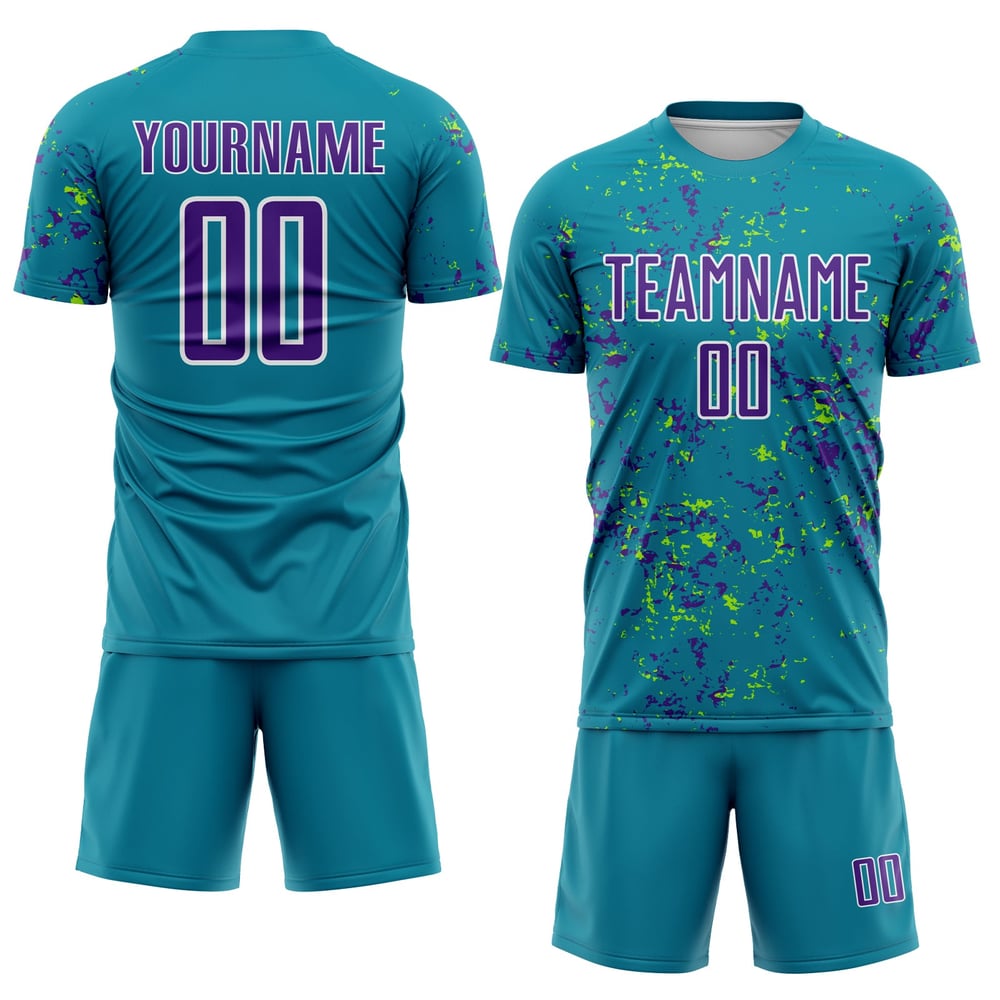 Fragmento de sublimación de fútbol abstracto morado neón, uniforme personalizado verde azulado