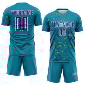 Fragmento de sublimación de fútbol abstracto morado neón, uniforme personalizado verde azulado