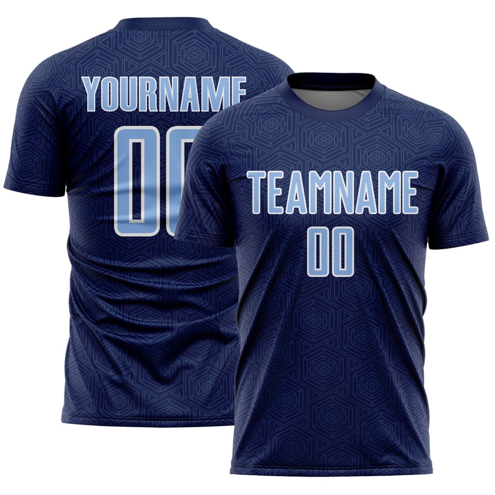 Maglia personalizzata blu-bianca con stampa a sublimazione geometrica uniforme da calcio, forma leggera, sport blu navy