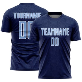 Maglia personalizzata blu-bianca con stampa a sublimazione geometrica uniforme da calcio, forma leggera, sport blu navy