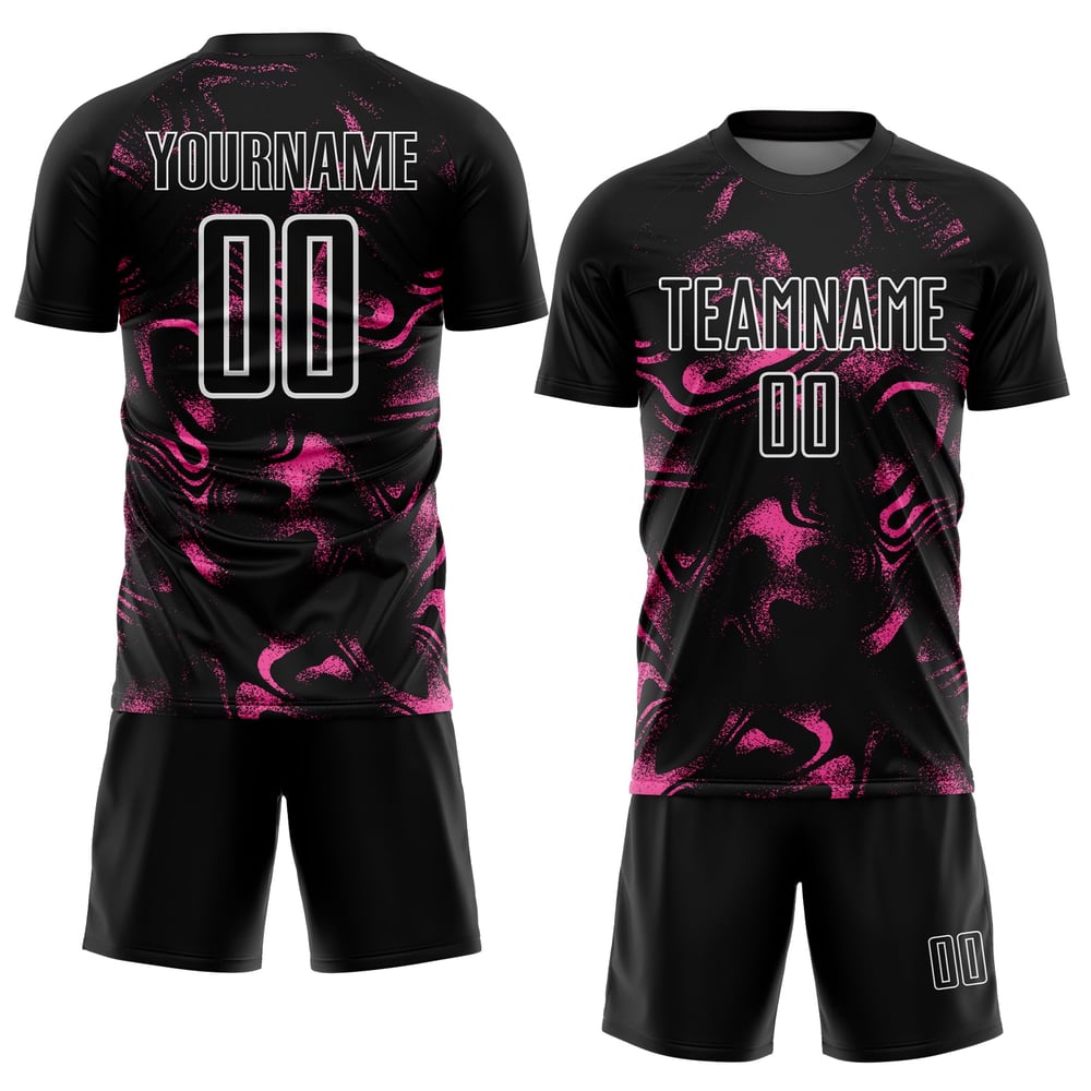 Sublimationstrikot Abstrakt Liquid Schwarz Uniform Pink-Weiß Fußball Custom