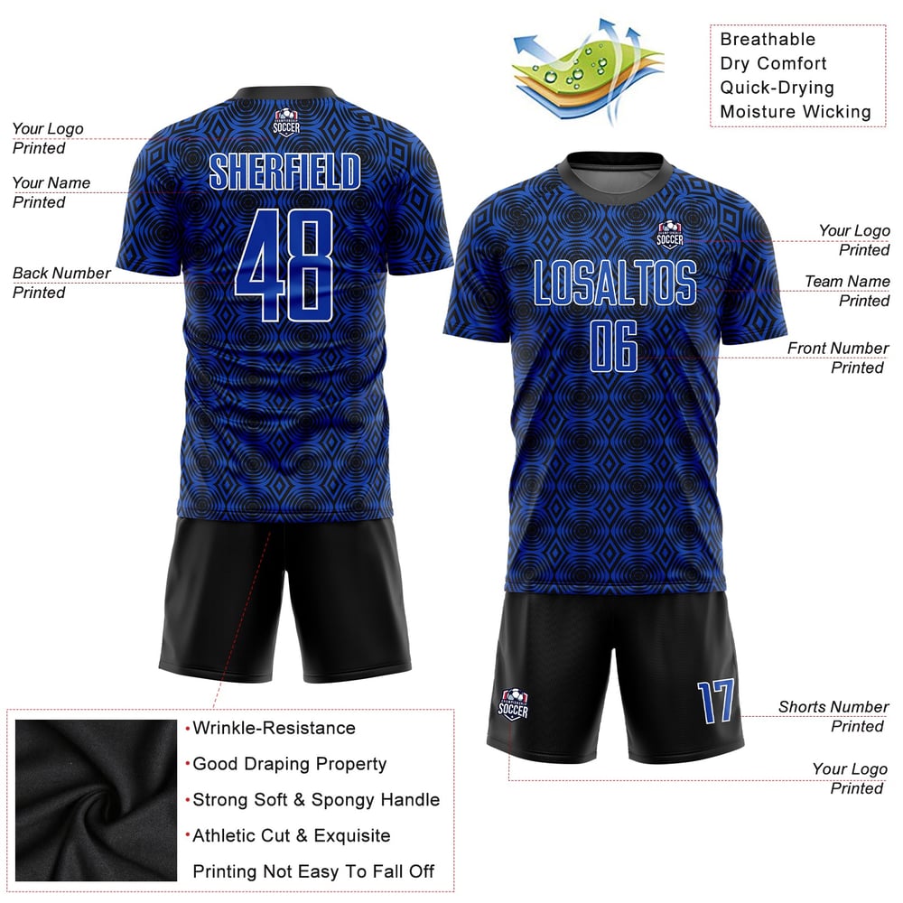 Black-White Thunder Custom Soccer Geometric Uniform Shapes Sublimation Blue Jersey