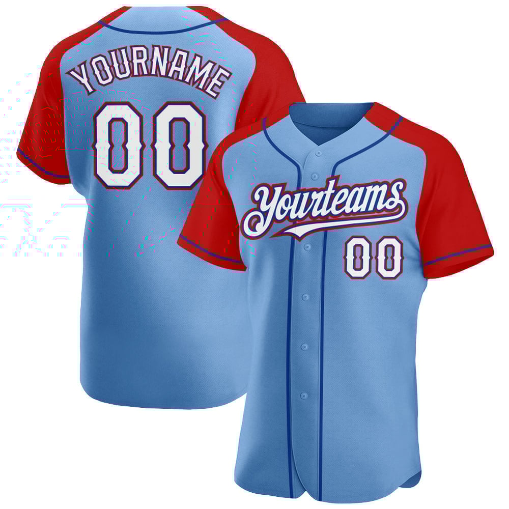 Blue Raglan Light White Jersey Custom Authentic Sleeves Red-Royal Baseball