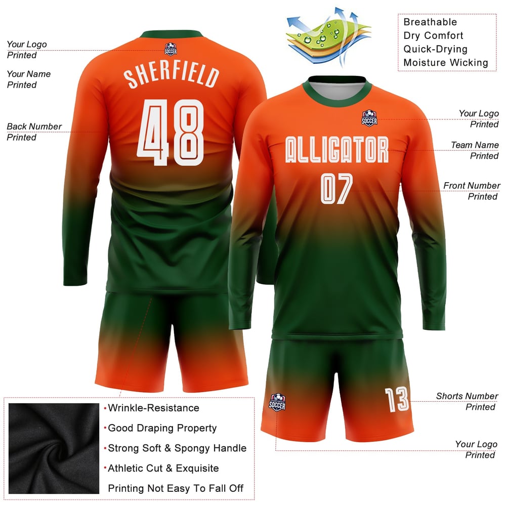 Soccer Orange Sleeve Fade Long Uniform Fashion Jersey White-Green Sublimation Custom