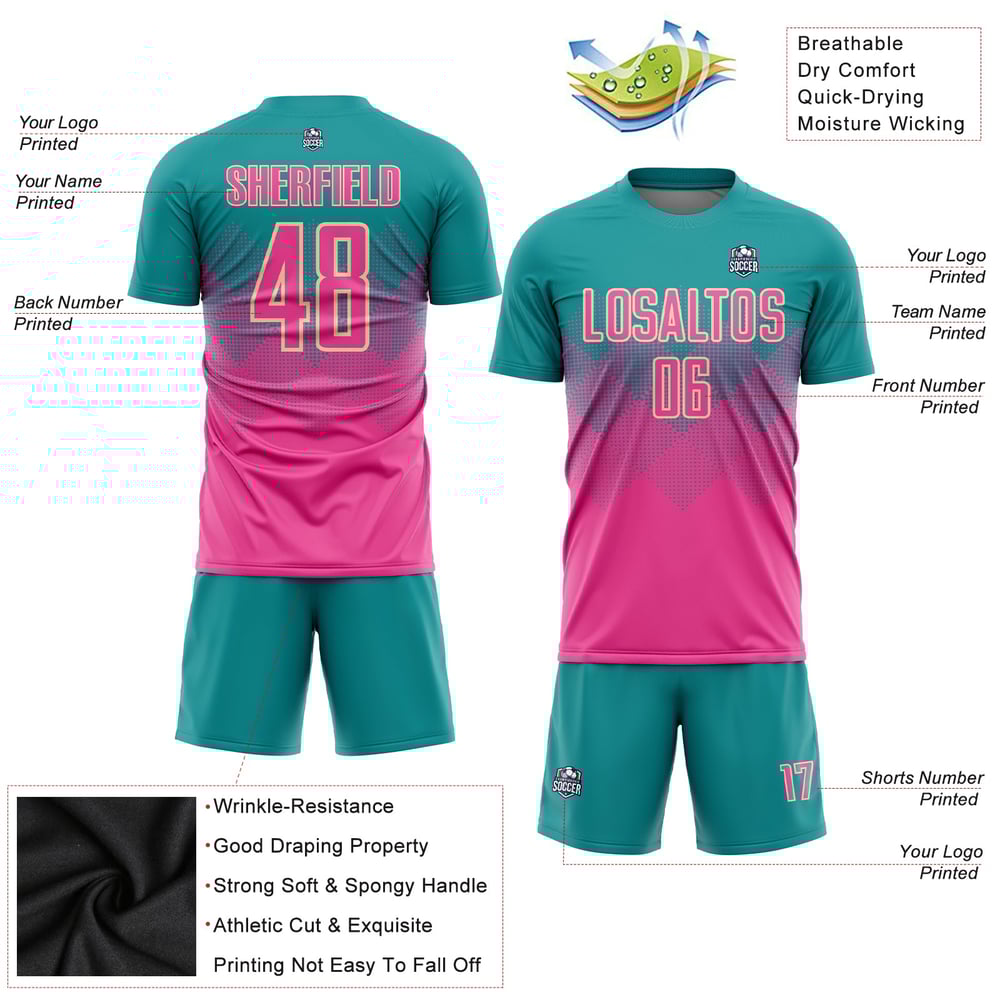 Uniform Teal Custom Soccer Pink-Cream Sublimation Jersey