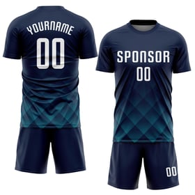 Maillot de football personnalisé à sublimation bleu marine, blanc et bleu sarcelle