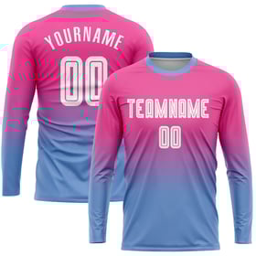 Uniform Custom Soccer White-Light Blue Long Fade Sleeve Fashion Pink Sublimation Jersey