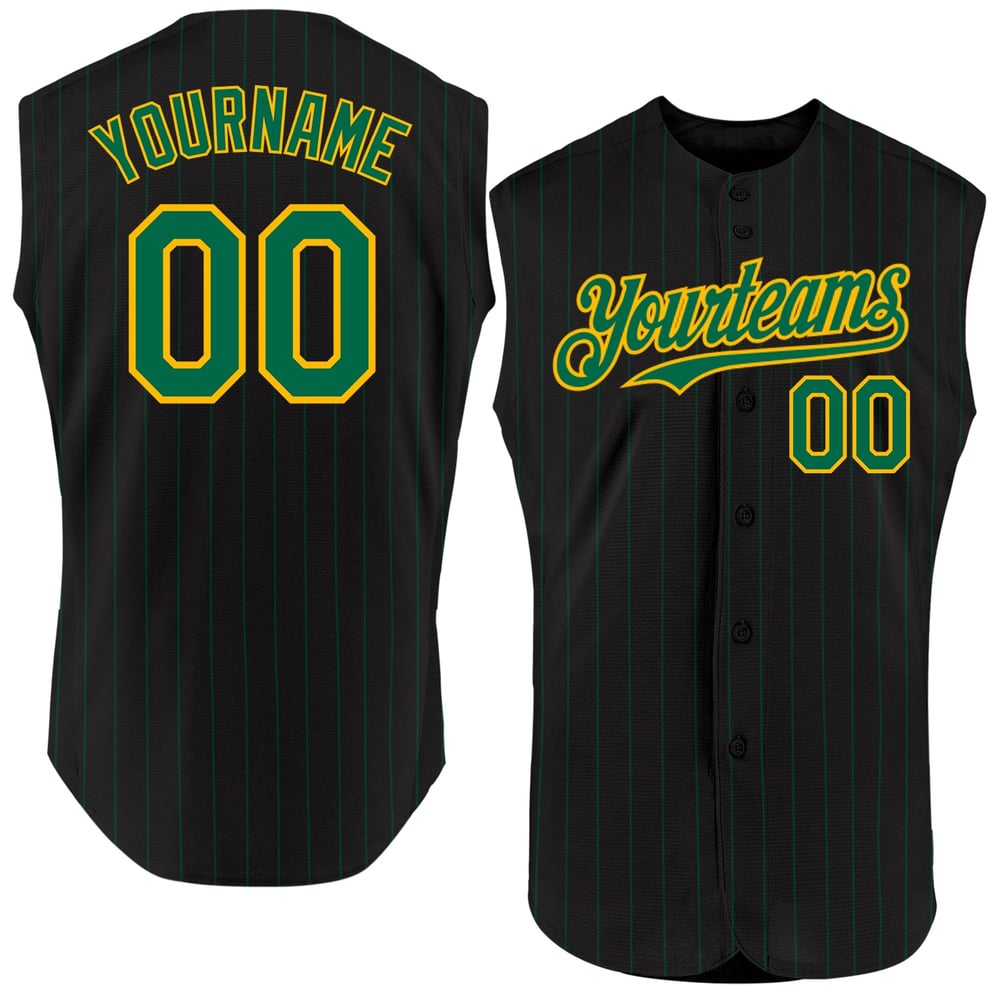 Pinstripe Gold Sleeveless Black Green Baseball Custom Jersey Kelly Authentic