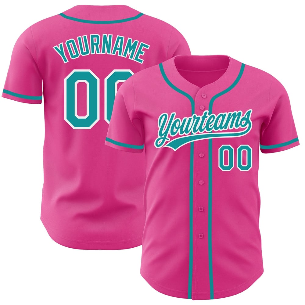 Camiseta de béisbol auténtica personalizada en verde azulado, blanco y rosa