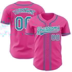 Camiseta de béisbol auténtica personalizada en verde azulado, blanco y rosa