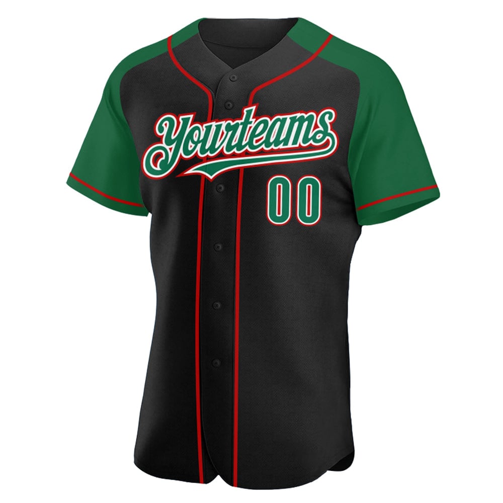 Green-Red Jersey Authentic Raglan Sleeves Black Baseball Custom Kelly