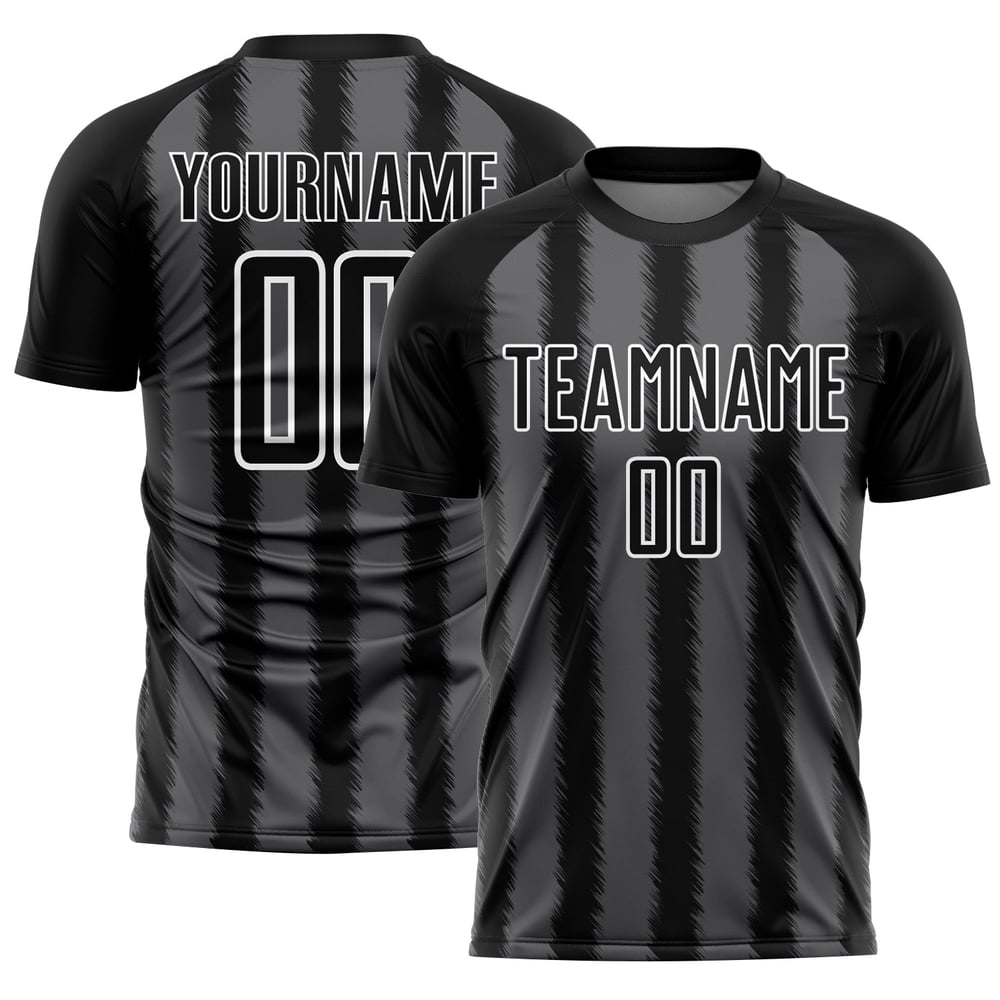 Camiseta de fútbol personalizada con sublimación de líneas gris acero y blanco, color negro