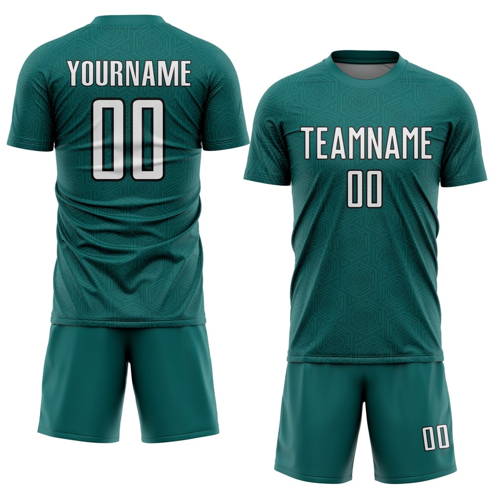Maglia sportiva bianca e nera da calcio con stampa geometrica, forma personalizzata color verde acqua