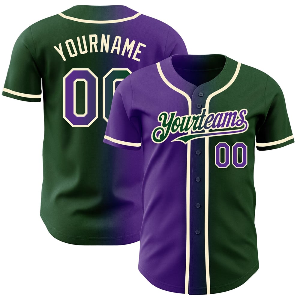 Camiseta de béisbol morada-crema personalizada, moda, degradado, auténtico, verde
