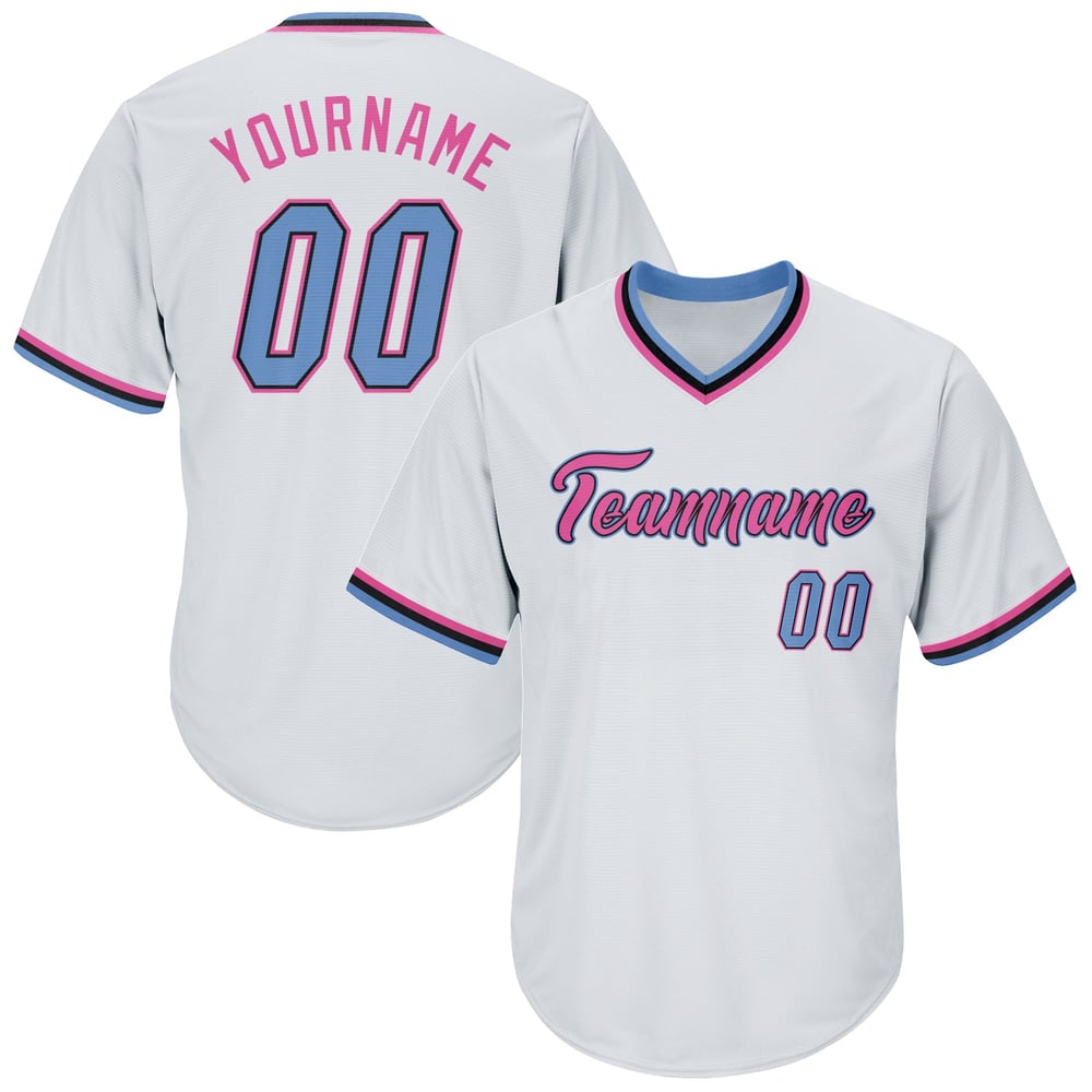 Camiseta de punto acanalado, auténtica, ligera, estilo béisbol retro, personalizada, blanca, azul y rosa