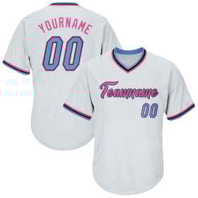 Camiseta de punto acanalado, auténtica, ligera, estilo béisbol retro, personalizada, blanca, azul y rosa