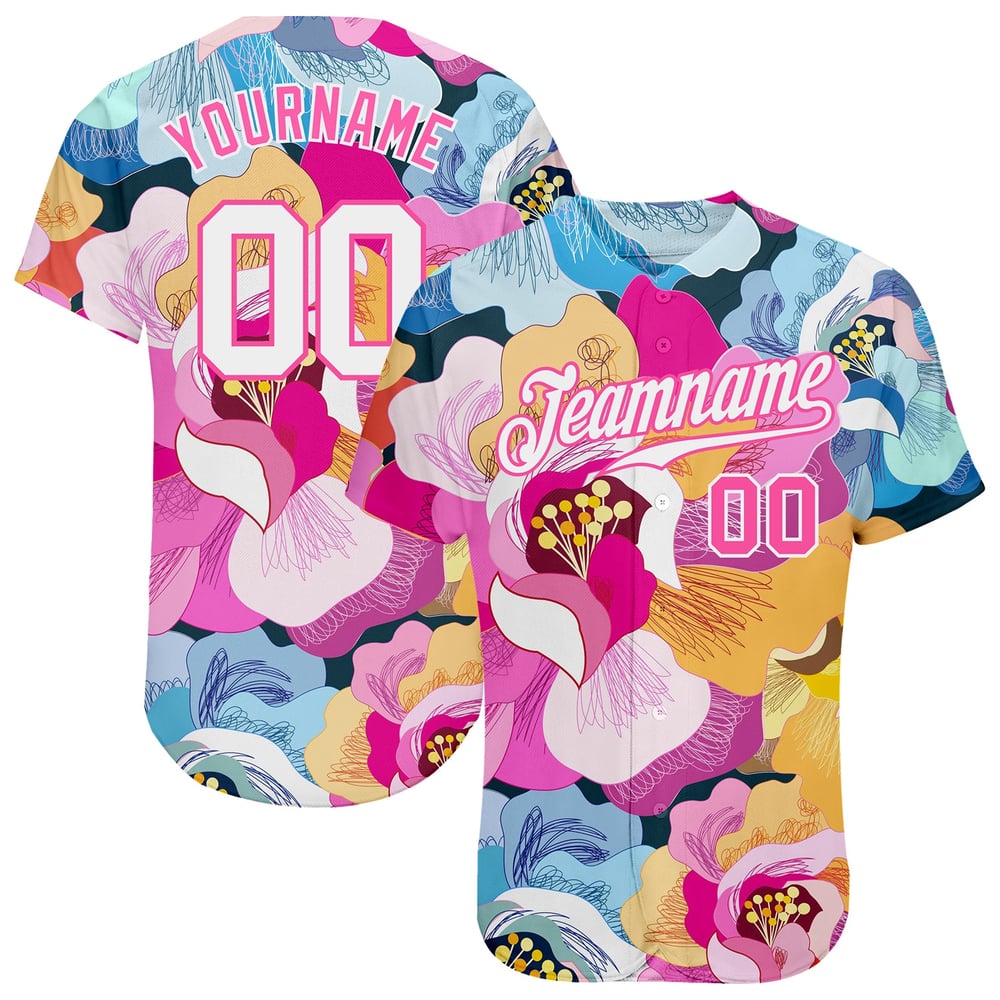 Maglia da baseball bianca e rosa con fiori 3D, motivo rosa autentico personalizzato