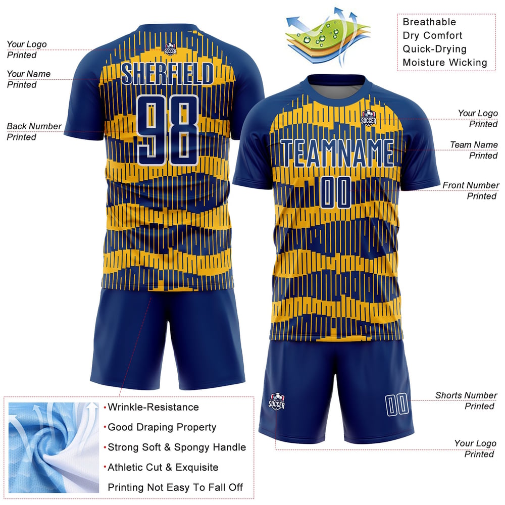 Uniform Custom Pinstripe Soccer Royal Jersey Sublimation Gold-White