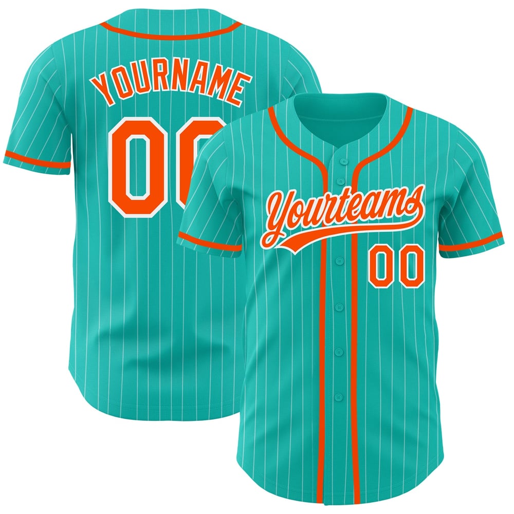 Camiseta de béisbol blanca auténtica con rayas color aguamarina personalizada y naranja