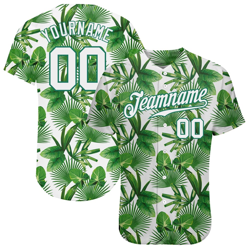 Camiseta Kelly de béisbol verde con diseño 3D de hojas y palmeras tropicales auténticas, color verde y blanco, personalizada.