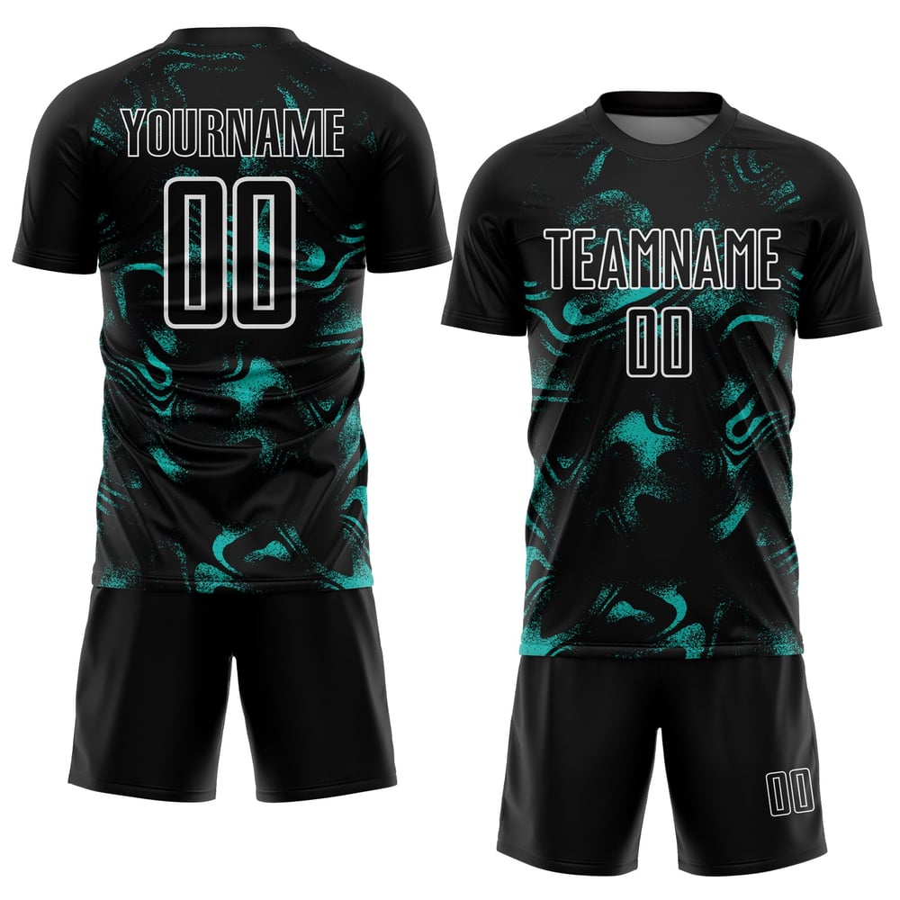Fußball Abstrakt Aqua-Weiß Custom Liquid Black Uniform Sublimation Jersey