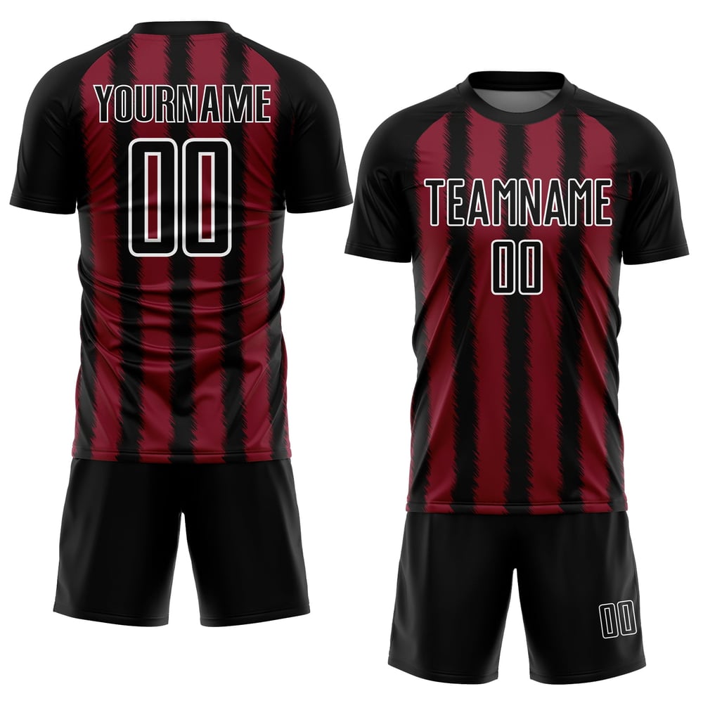 Camiseta de fútbol personalizada con sublimación de líneas blancas y negras carmesí