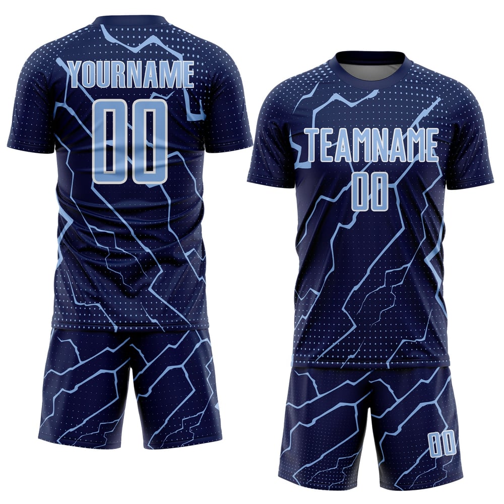 Maglia da calcio sportiva Light Lightning blu-bianco uniforme personalizzata sublimazione blu navy