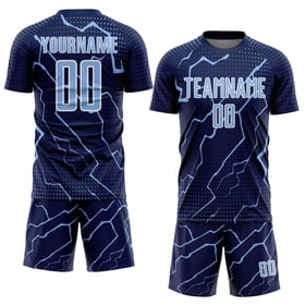 Maglia da calcio sportiva Light Lightning blu-bianco uniforme personalizzata sublimazione blu navy