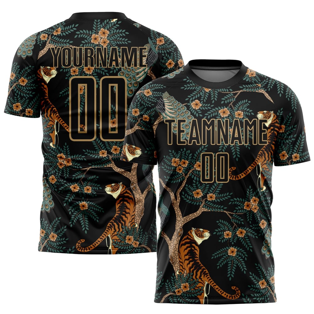 Black Gold Jersey Tiger Uniform Old Custom And Peacock Sublimation Soccer
