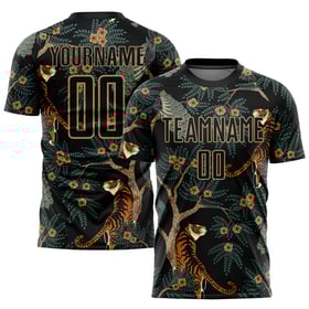 Black Gold Jersey Tiger Uniform Old Custom And Peacock Sublimation Soccer