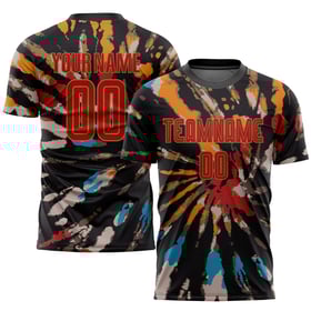 Camiseta de fútbol roja antigua con teñido anudado dorado, sublimación personalizada