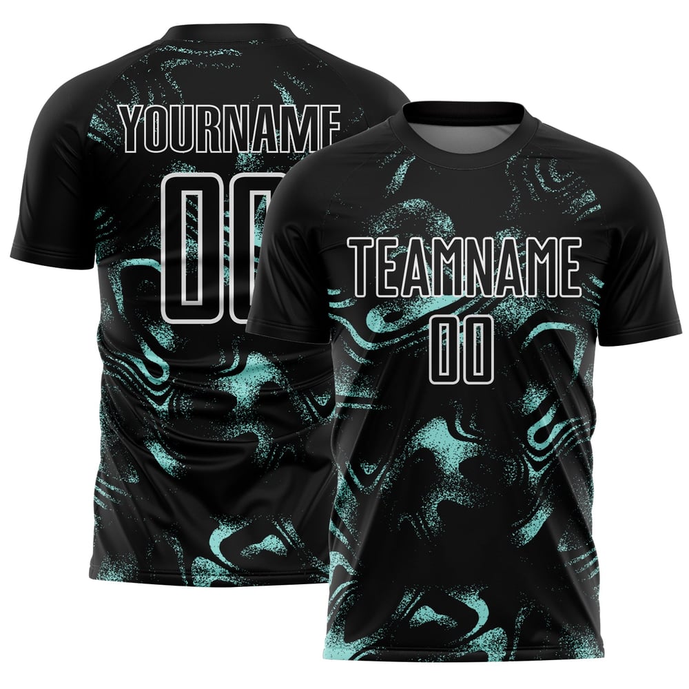 Benutzerdefinierte abstrakte Uniform Fußball Sublimation Liquid Ice Schwarz Trikot Blau-Weiß
