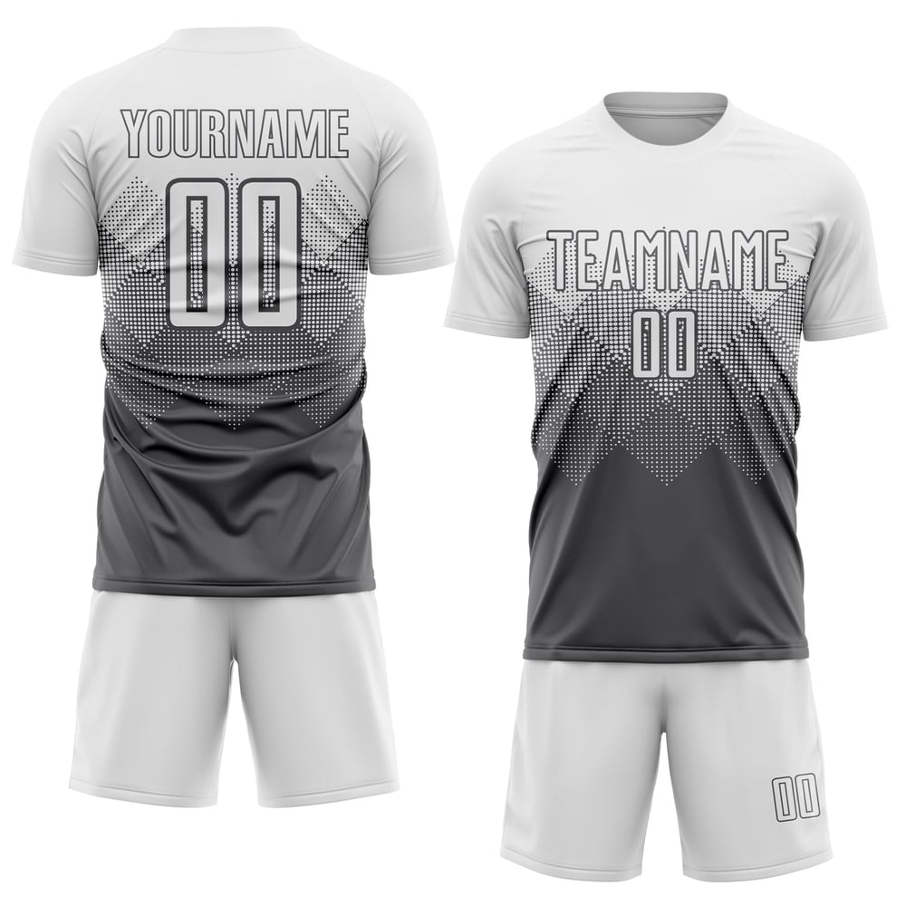 Maglia da calcio personalizzata in acciaio grigio bianco con stampa a sublimazione