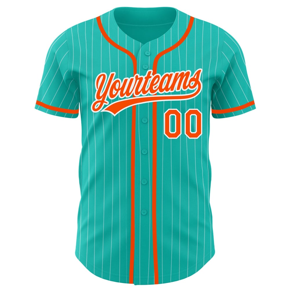 Camiseta de béisbol blanca auténtica con rayas color aguamarina personalizada y naranja