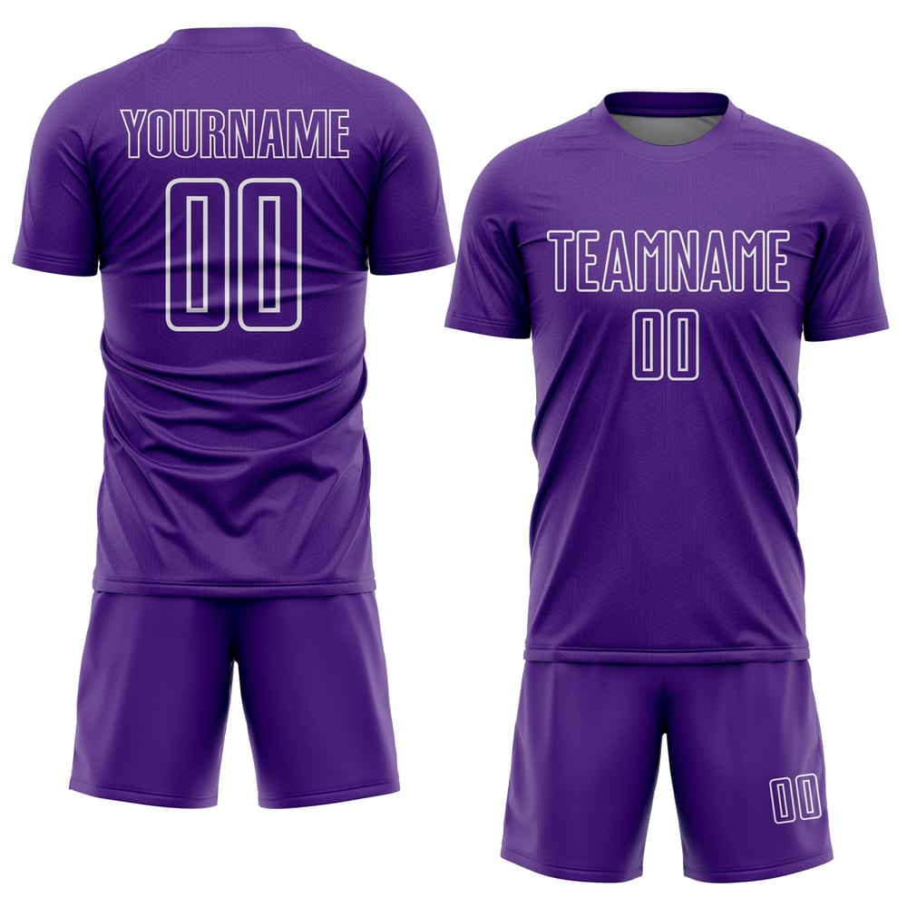 Camiseta de fútbol personalizada con sublimación de formas geométricas en morado y blanco