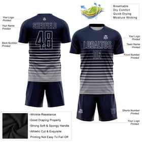 Custom Pinstripe Sublimation Navy Gray Uniform Jersey Fade Soccer Fashion