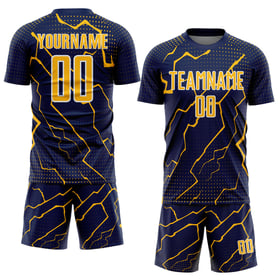 Maglia personalizzata blu navy oro-bianco sublimazione uniforme Sports Lightning Soccer