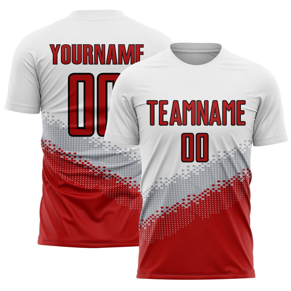 Uniforme de fútbol personalizado con sublimación geométrica, degradado en rojo, gris, negro y blanco.