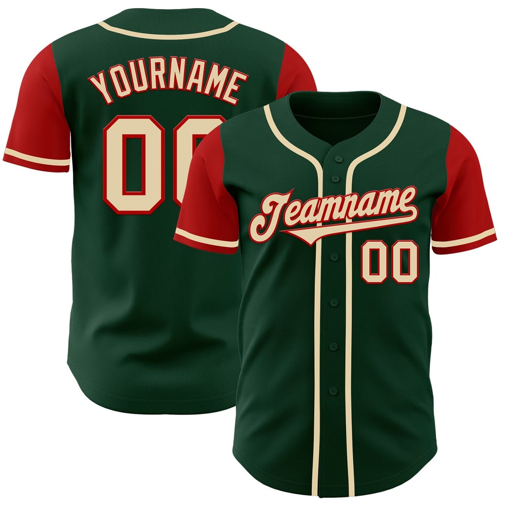 Camiseta de béisbol personalizada de dos piezas en tono crema-rojo y verde auténtico
