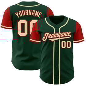 Camiseta de béisbol personalizada de dos piezas en tono crema-rojo y verde auténtico