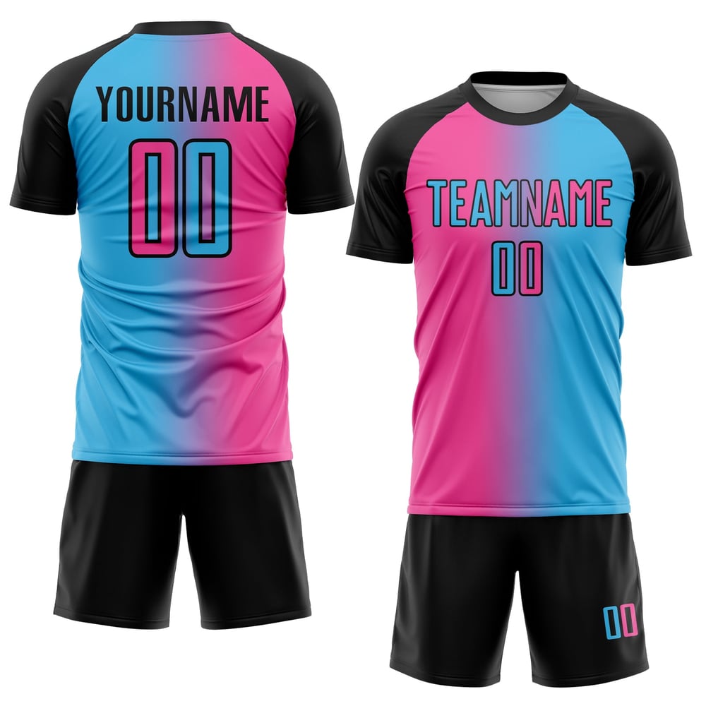 Mode Blue Sky Fußball Jersey Sublimation Gradienten Custom Rosa-Schwarz Uniform
