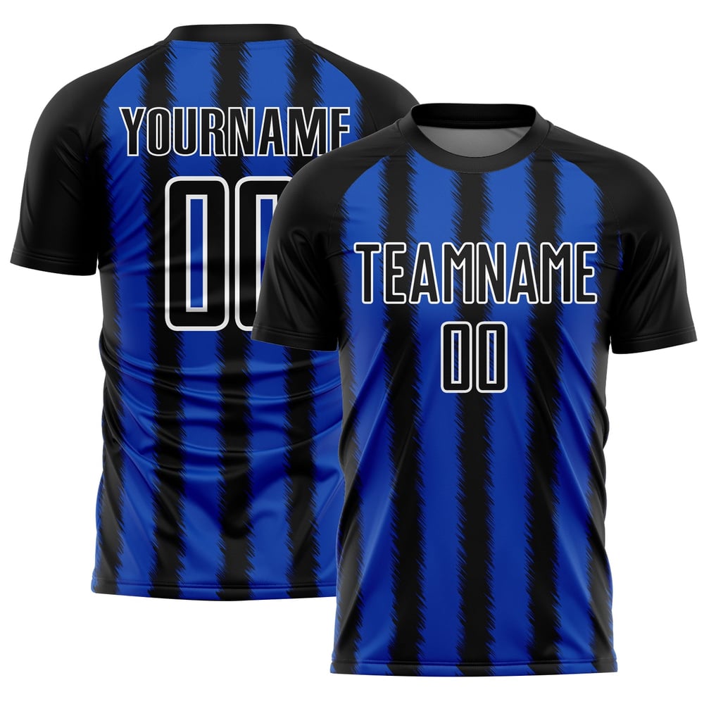 Camiseta de fútbol personalizada con sublimación de línea azul y blanca de Black Thunder