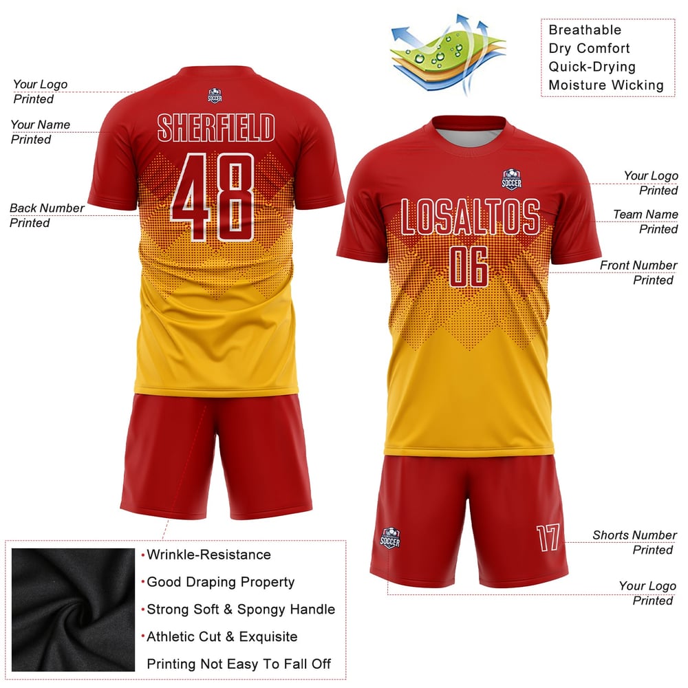 Custom Red-White Uniform Gold Jersey Soccer Sublimation