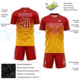 Custom Red-White Uniform Gold Jersey Soccer Sublimation