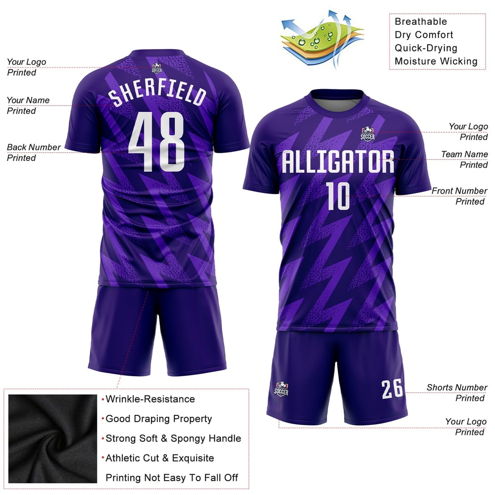 Purple Custom Uniform White Jersey Soccer Sublimation