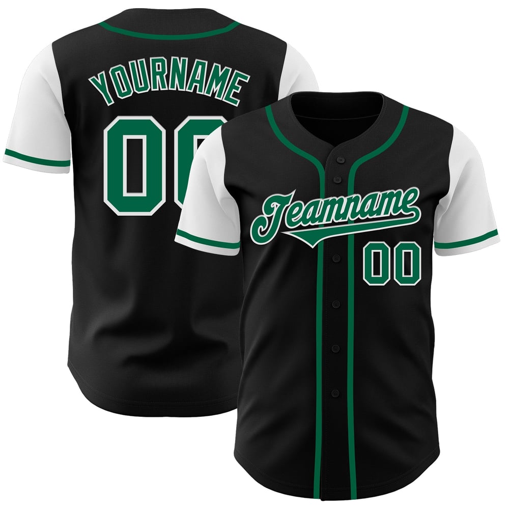 Camiseta de béisbol Kelly personalizada de tono auténtico negro verde y blanco dos