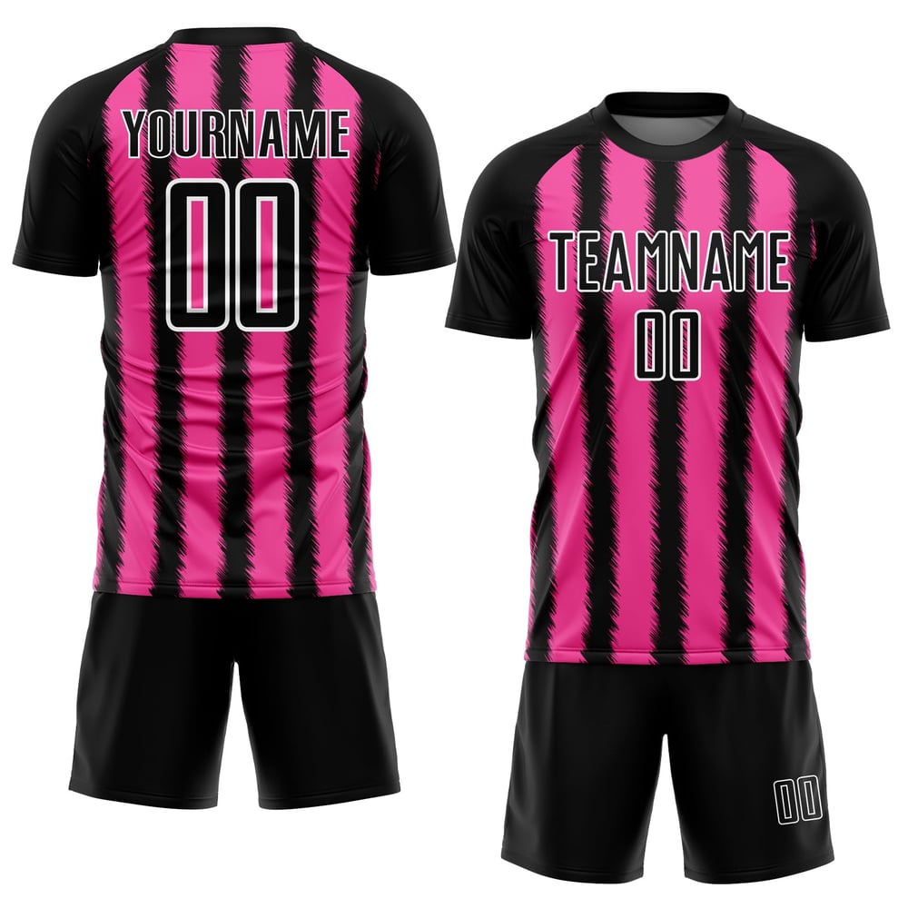 Camiseta de fútbol personalizada con sublimación de líneas negras, rosas y blancas