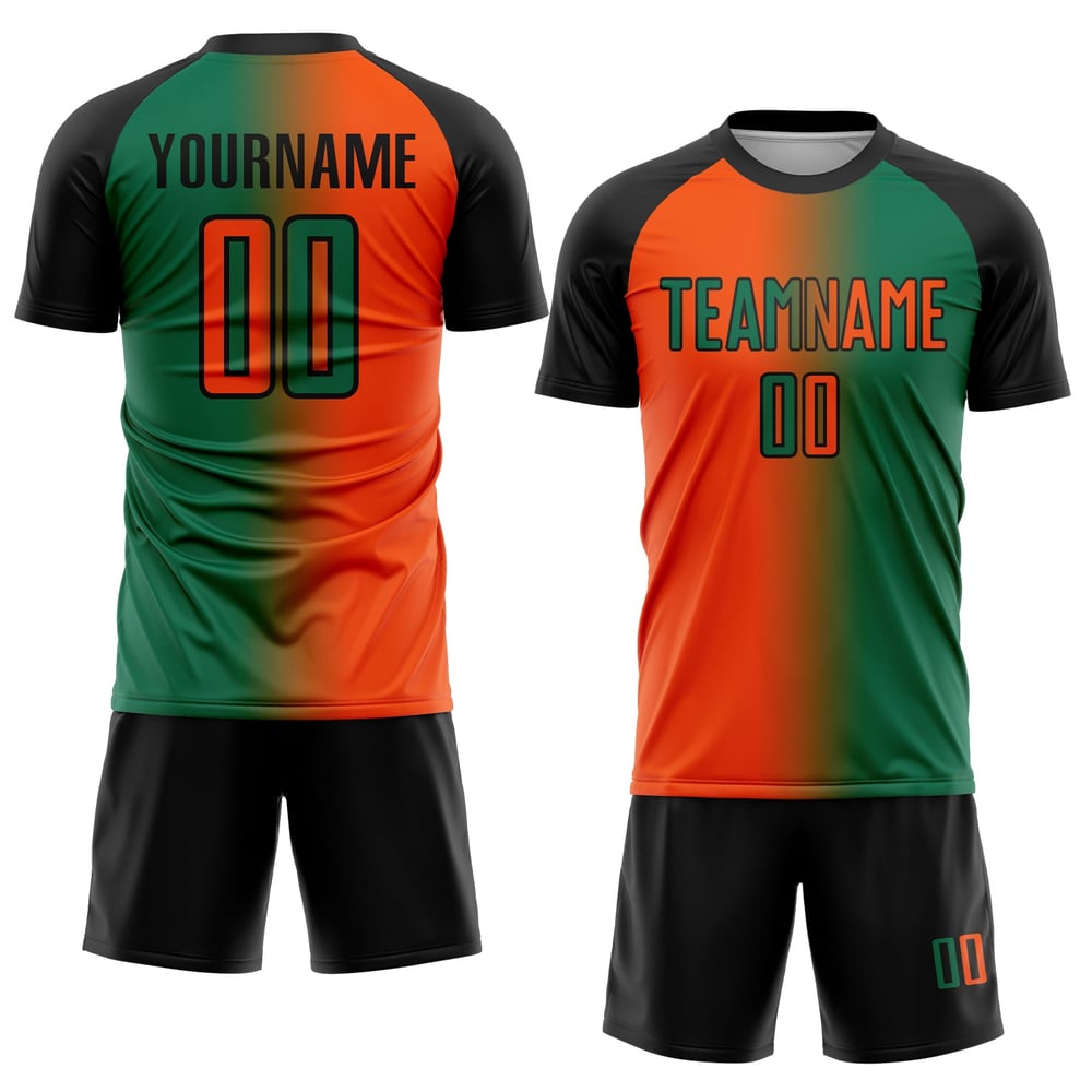 Sublimation Green Kelly Custom Fußballuniform Mode Farbverlauf Orange-Schwarzes Trikot