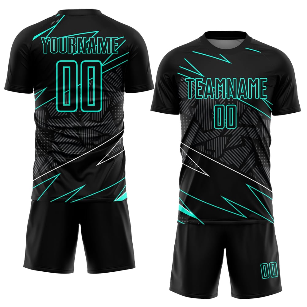 Svart Jersey Aqua Lines Fotbollsuniform Sublimering Anpassad